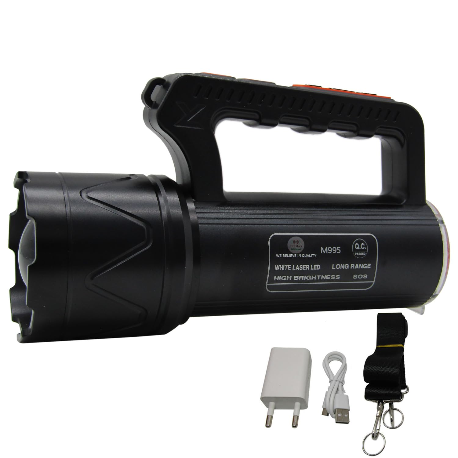 RENMAX Rechargeable Search Zoom Focus Torch High Brightness 400W 2Km Range High/Low/Blinker & Tail Light (White/Red-Blue Blinker) Waterproof 4-8 Hours Working Metal Body Black -1Pc-image-38