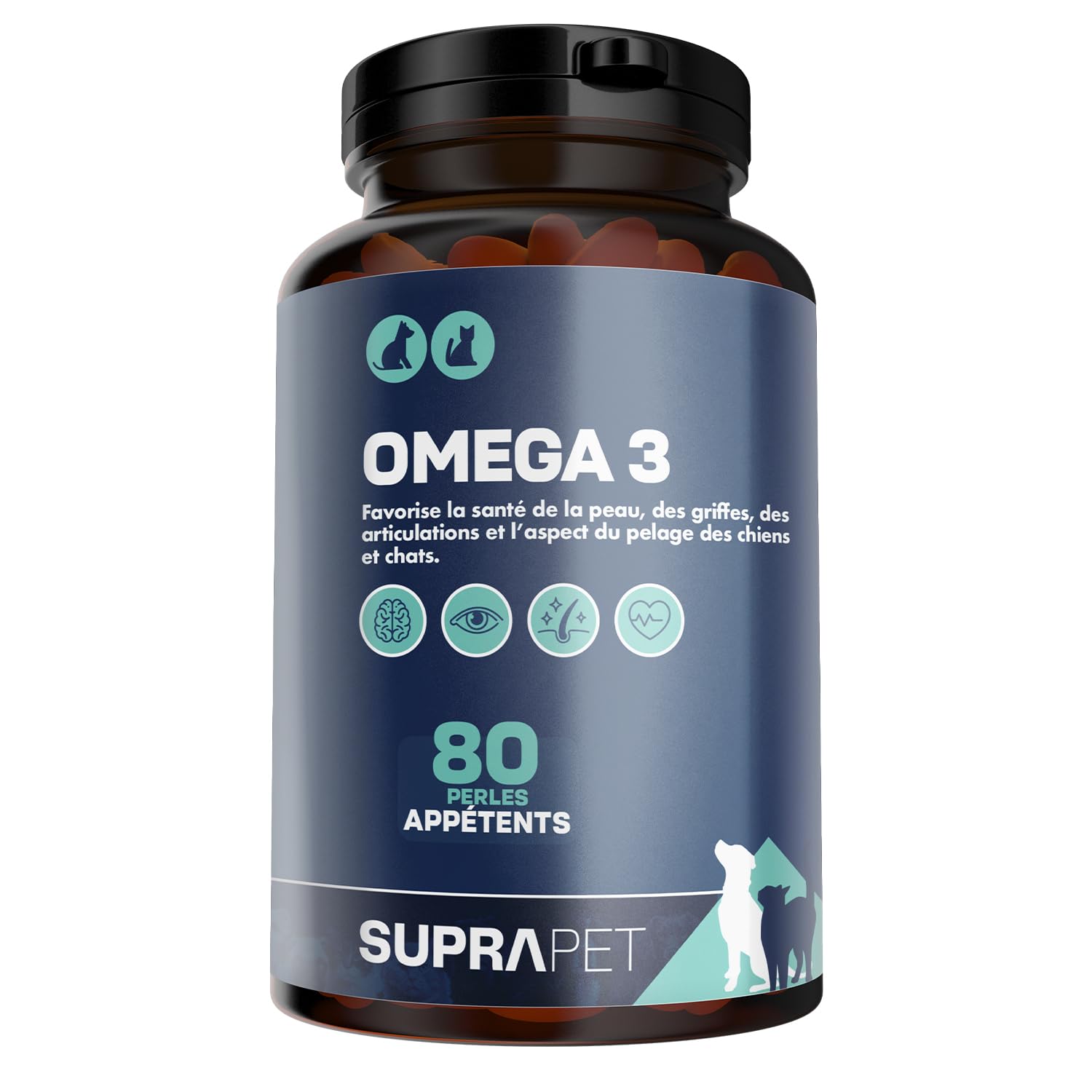 Suprapet Omega 3 pour Chiens et Chats Huile de Poisson, EPA, DHA et Vitamine E 80 Perles. Aliment Complémentaire Naturel pour Le Pelage et Les Articulations (80 unités, Boîte de 1).