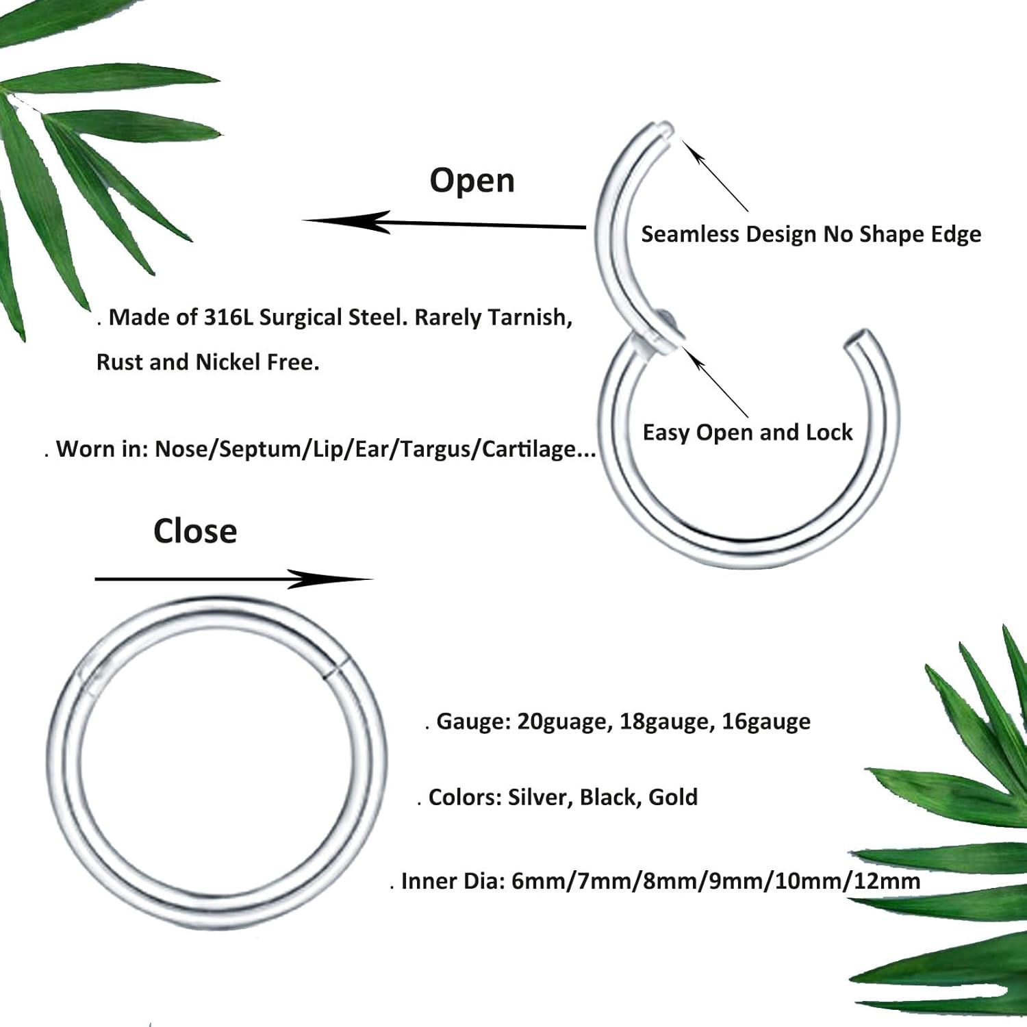 6/12Pcs 16G 18G 20G Nose Rings Hoops 316L Surgical Steel Nose Septum Lip Rings Tragus Cartilage Daith Rook Piercing Jewelry for Women 6mm 7mm 8mm 9mm 10mm 12mm - Image 4