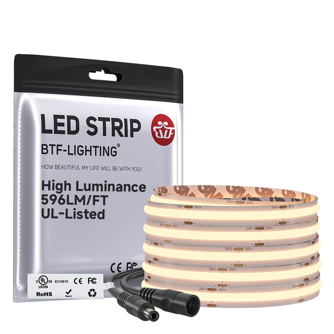 BTF-LIGHTING Super Bright High Lumen FCOB COB LED Strip 2700K Warm White 1957LM/M 24V 5M 480LEDs/m CRI90+ 10mm Width Dimmable Flexible Tape Light for Kitchen Cabinet Bedroom Home Decor(Only Strip) — image 1
