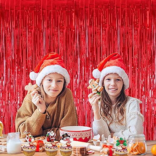 Toniful 3Pcs Red Metallic Tinsel Foil Fringe Curtains,3.28Ft X 6.56Ft Photo Booth Props.glitter String Backdrop Streamers For Door Wall Tassle Curtains Background Birthday, Christmas Party Decorations #TOP3