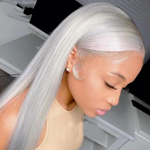 Grey Lace Front Wig Human Hair 180 Density Straight Silver Lace Front Wig Human Hair 13×4 HD Transparent Lace Front Human Hair Wigs for Women Preplucked with Baby Hair Brazilian Hair Wig 20 Inch