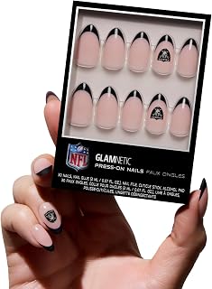 Glamnetic x Fanatics Press On Nails - Las Vegas Raiders | Short Almond Fake Nails, NFL Raiders Black French Tips, Football Nails, Salon-Quality | 15 Sizes - 30 Nail Kit with Glue
