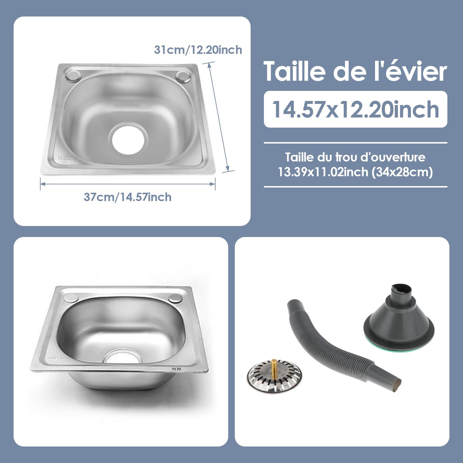 Évier de Cuisine à Encastrer 14,57inchx12,20inch Évier de lavabo rectangulaire 1 Bac, Evier Inox avec Filtre de Vidange, Argenté