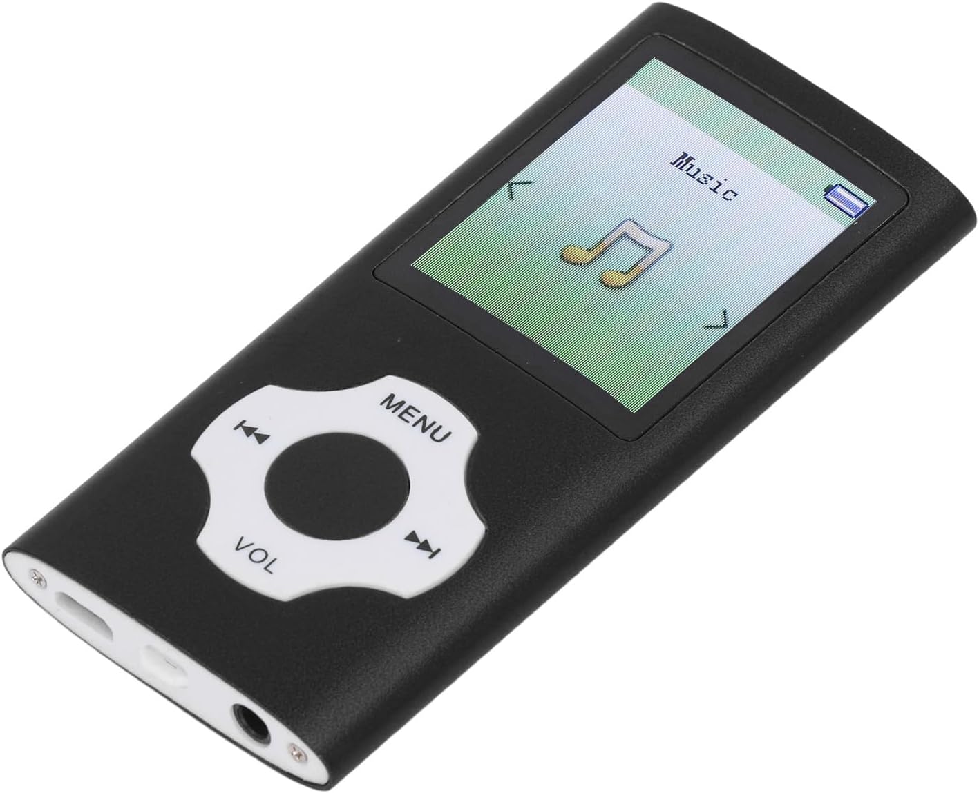 Angled view of the Fockety MP3 MP4 Player showing the headphone jack and USB port