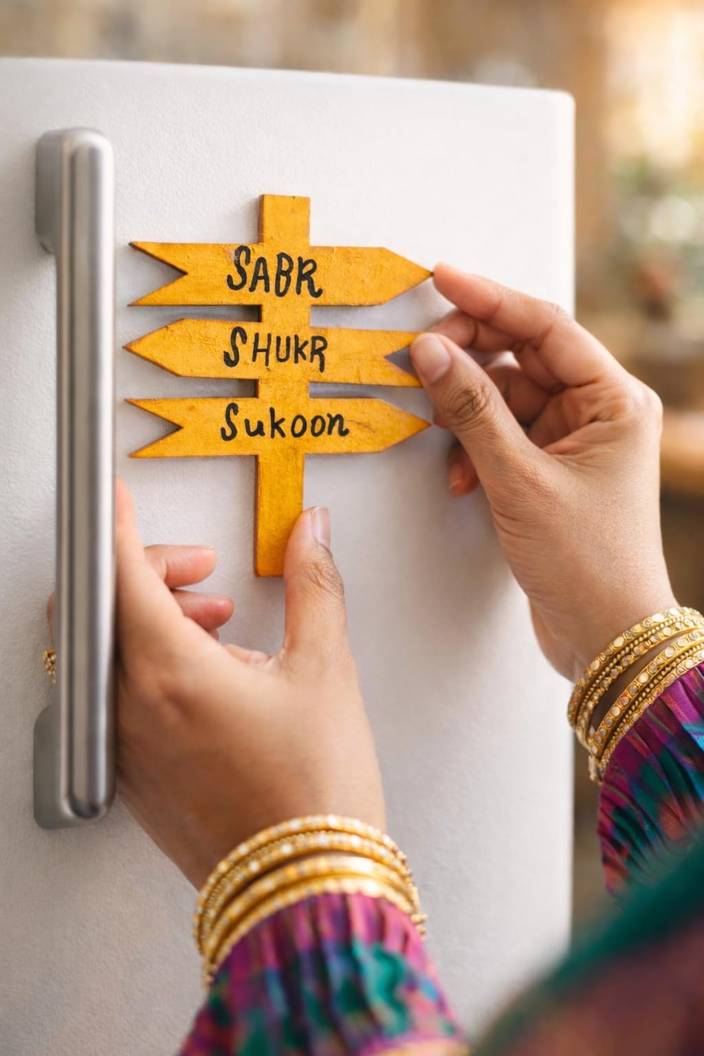 Handcrafted Wooden Fridge Magnet – Sabr, Shukr, Sukoon Inspirational Signpost Design | Ethnic Home Decor & Daily Mindfulness Reminder | Perfect Spiritual Gift (Yellow)-image-35