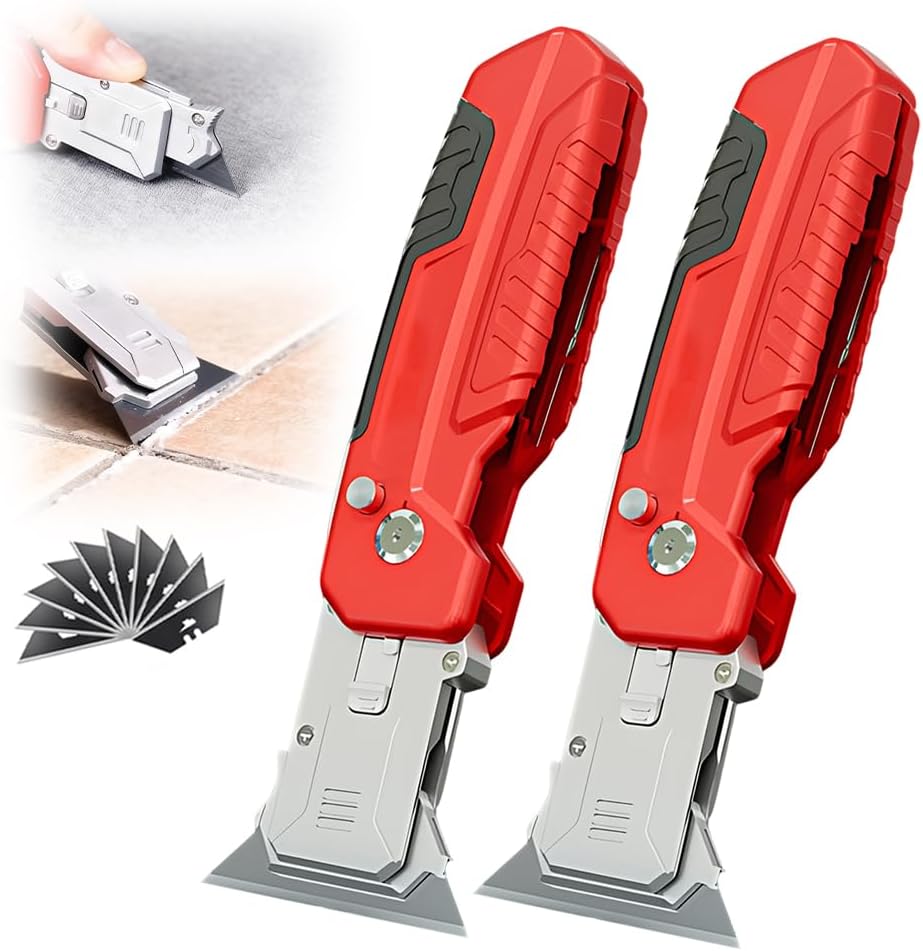 Utility Knife Scraper, 2026 New 2-in-1 Folding Box Cutter with Blade Storage, Retractable Design, Heavy Duty Sharp Razor Knife for Home or Warehouse Cardboard, with 3PC Extra Blades (2PC)