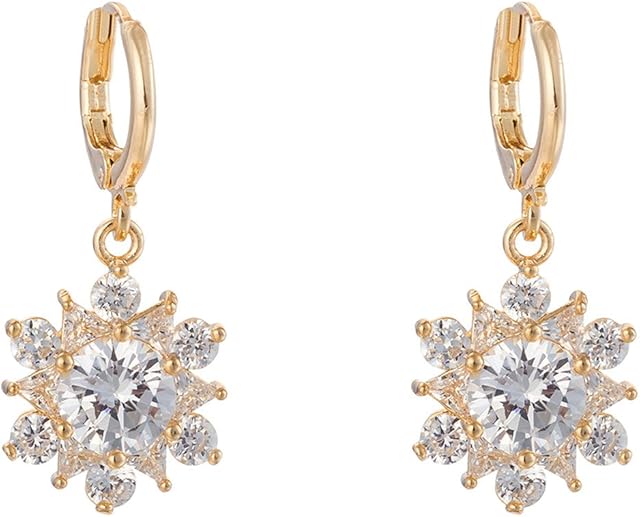 Yazilind Women Elegant 18K Gold Plated Flower Clear Cubic Zirconia Crystal Hoop Dangel Drop Earrings