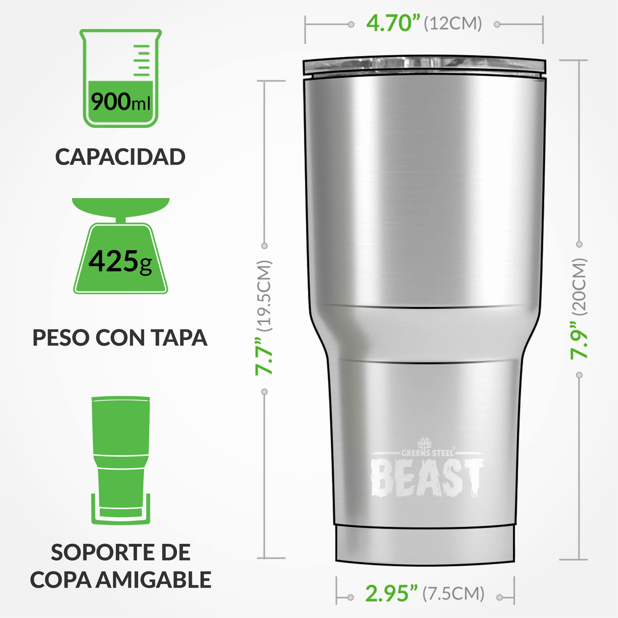 Greens Steel Beast Tumbler – 900 ml (30 oz), Negro Mate | Vaso de acero inoxidable reutilizable con aislamiento al vacío | con 2 pajitas y cepillo de limpieza | Termo de viaje de doble pared — view 5