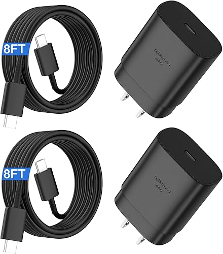Cargador súper rápido tipo C, bloque de cargador de pared rápido USB C de 25 W y cable de carga rápida súper largo de 8 pies para Samsung Galaxy