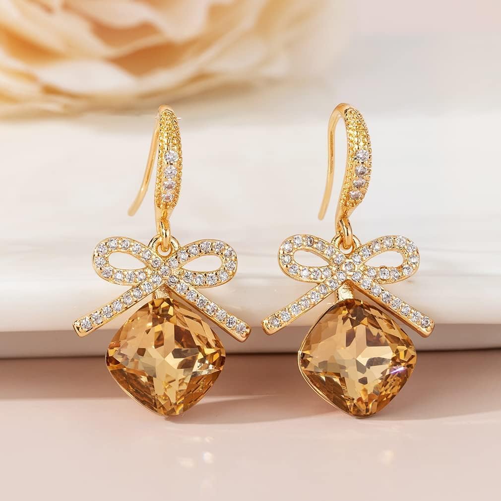 EVEVIC Austrian Crystal Cushion Bow Drop Earrings for Women 14K Gold Plated Hypoallergenic Dangle Earring Jewelry Gifts - Image 3