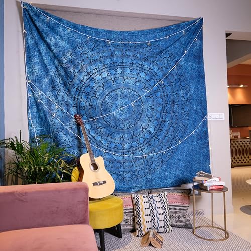 Image of Craft Trade 84x90 Inches Blue Cotton Mandala Ombre Wall Hanging Tapestry