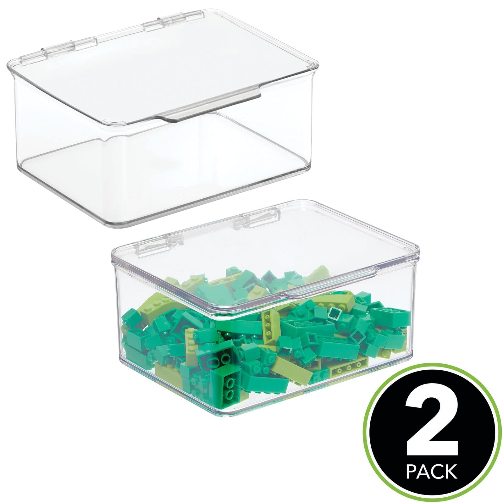 mDesign Plastic Playroom and Gaming Storage Organizer Box Containers with Hinged Lid for Shelves or Cubbies, Holds Small Toys, Building Blocks, Puzzles, Markers, Controllers, or Crayons, 2 Pack, Clear, 5.6 x 6.6 x 3
