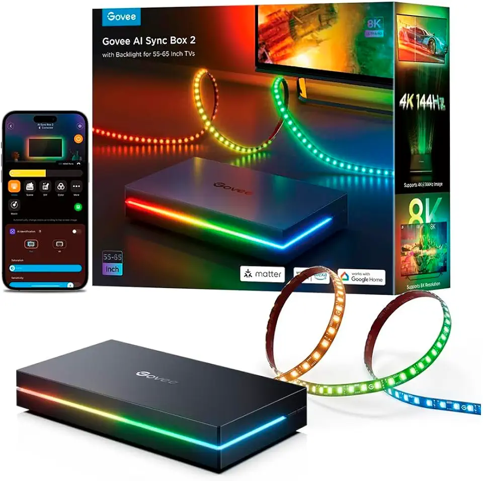 AI Sync Box 2 HDMI 2.1 para TV 55-65 Polegadas, Sincronização de Luz IA 8K60Hz e 4K144Hz, Suporte Matter VRR ALLM, Fita LED RGBWIC de Alta Densidade com Wi-Fi e BT para Jogos e Filmes