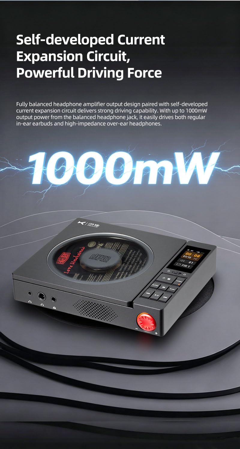 xDuoo CDM-10 Tragbarer Röhren-CD-Player & Kopfhörerverstärker, 1087mW BAL | 2x CS43198-DAC, 2x JAN6418-Röhren, 4,4/6,35/3,5-mm-Ausgänge, Koax/Opt/RCA, PCM384kHz DSD256 MQA, 632mW SE, 3,7V/6000mAh
