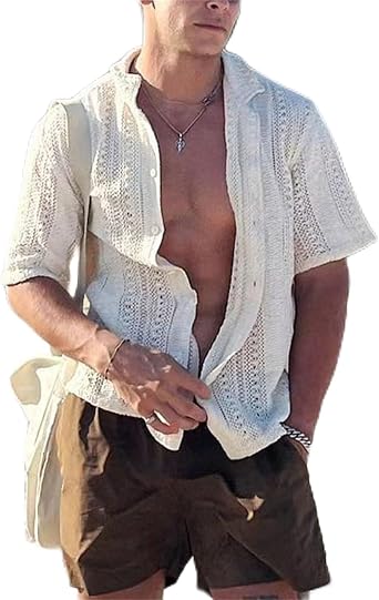 Mens Crochet Shirt Short Sleeve Casual Button Down Vintage Polo Shirts Knit Summer Loose Fit Beach Cardigan Tops