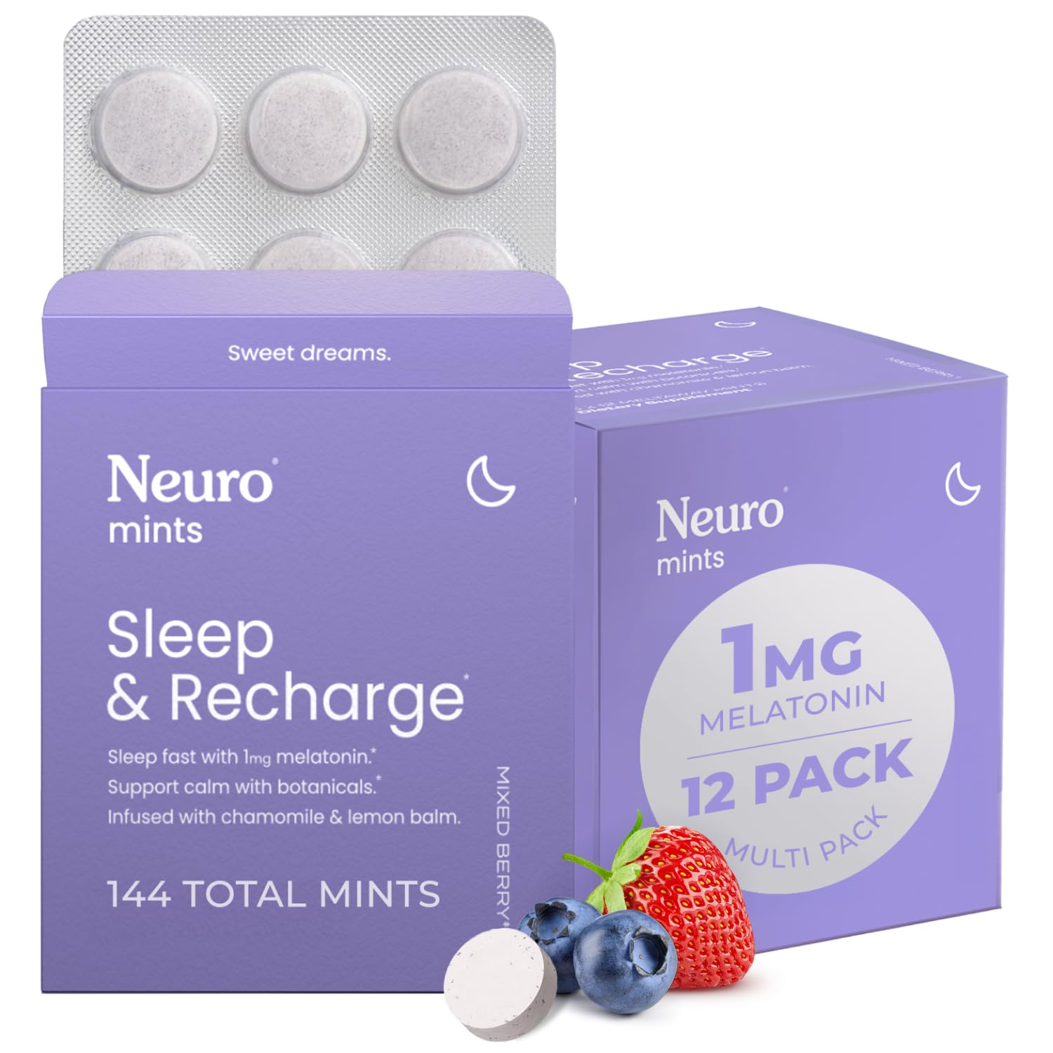 Neuro Sleep & Recharge Meltaway Mints - Contains Melatonin 1 mg, Chamomile & Elderberry - Travel Aid for Nighttime Relaxation & Healthy Sleep Cycle - Mixed Berry, 144 ct