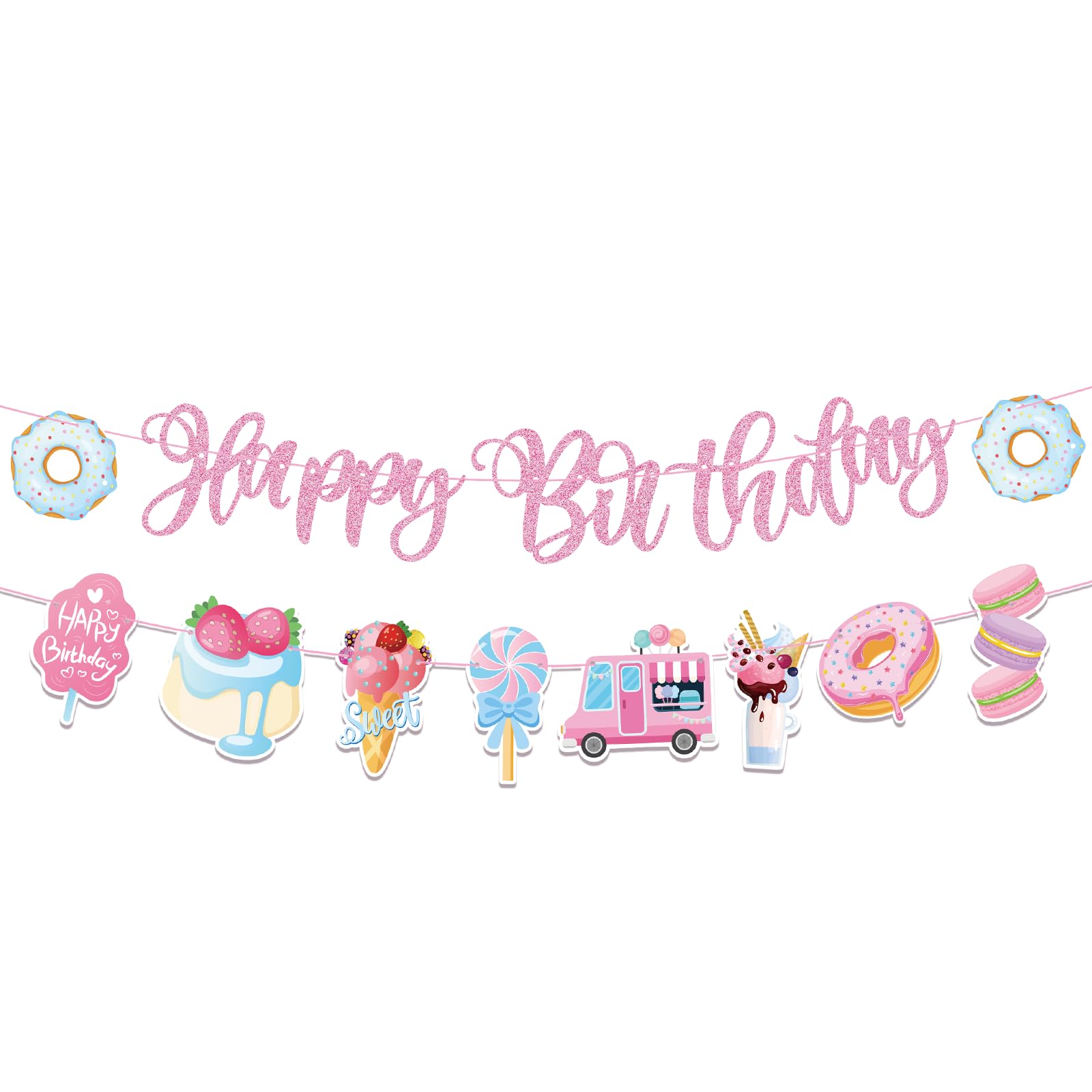 QAMEGX Sweet Party Banner - Pink Theme Decor with Donut, Ice Cream, Macaron for Girls' 1st-4th Birthdays