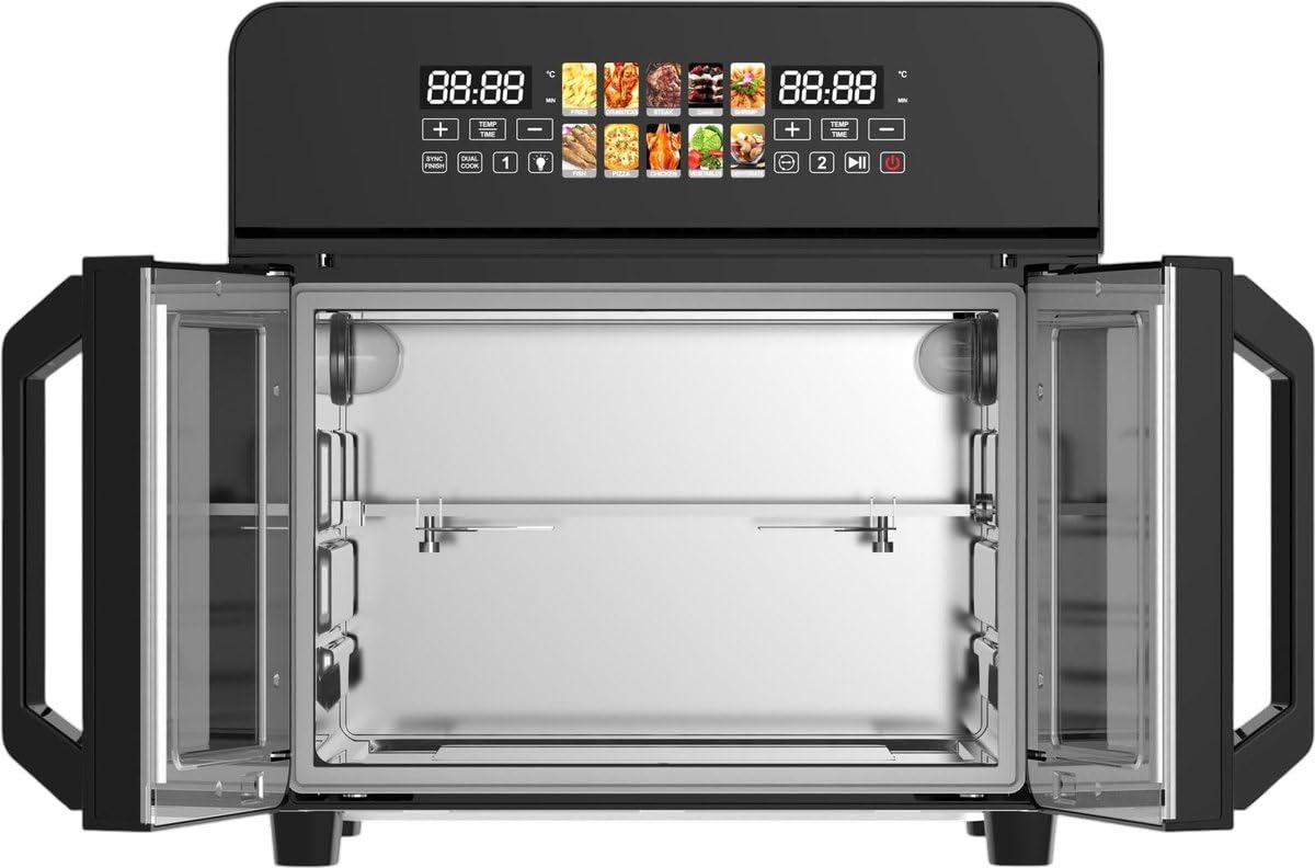 Royal Swiss - Horno eléctrico de aire, aire Fryer XXL de 23 litros, gran capacidad, pantalla LED, 1800 W, aspersión, doble puerta, temporizador y regulador de temperatura, accesorios incluidos
