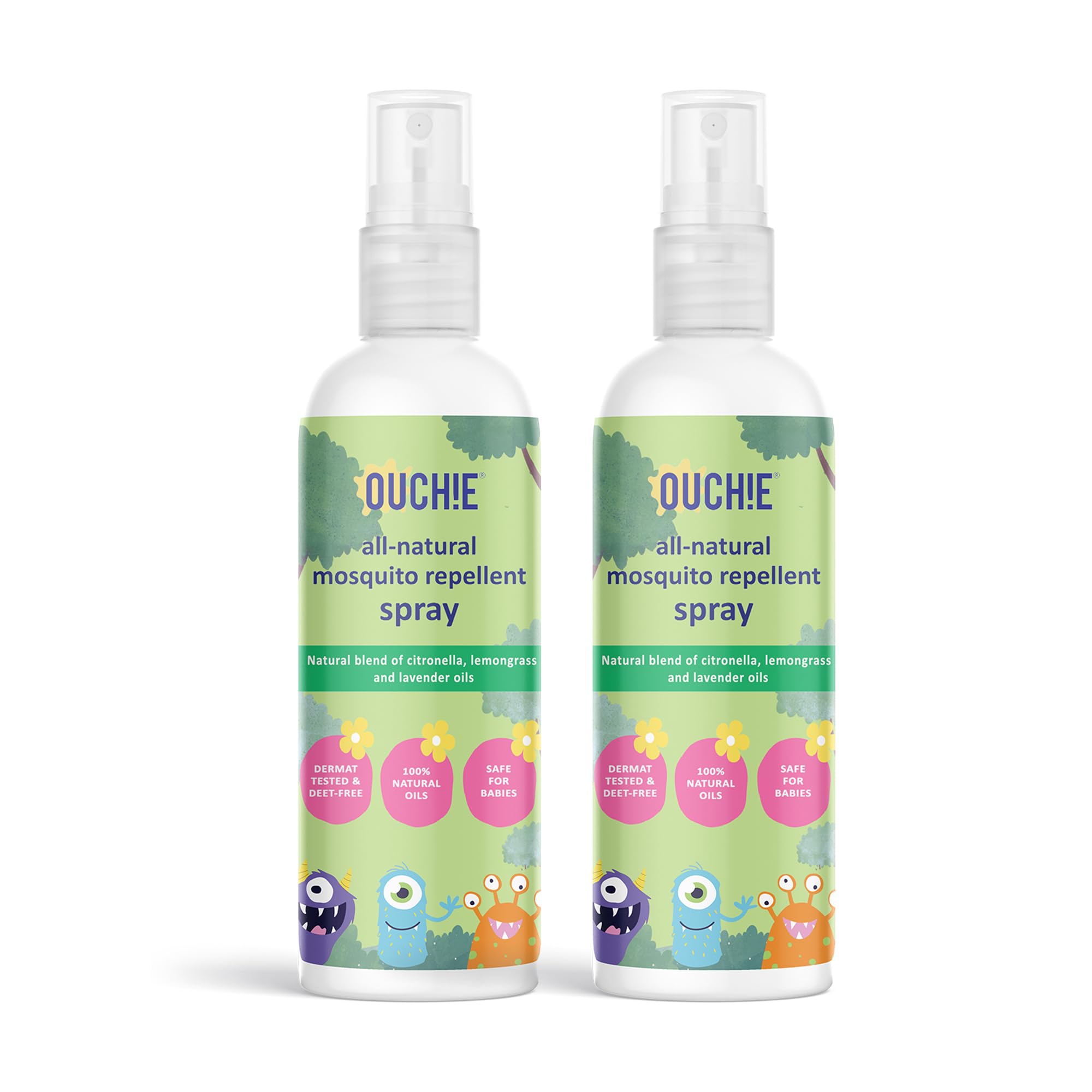 Ouchie 100% Natural Insect Repellent Spray | 100ML | Safe for Babies | With Citronella, Lavender and Lemongrass Oils | Maximum Protection Against Disease Causing Mosquitos and Insects Pack of 2