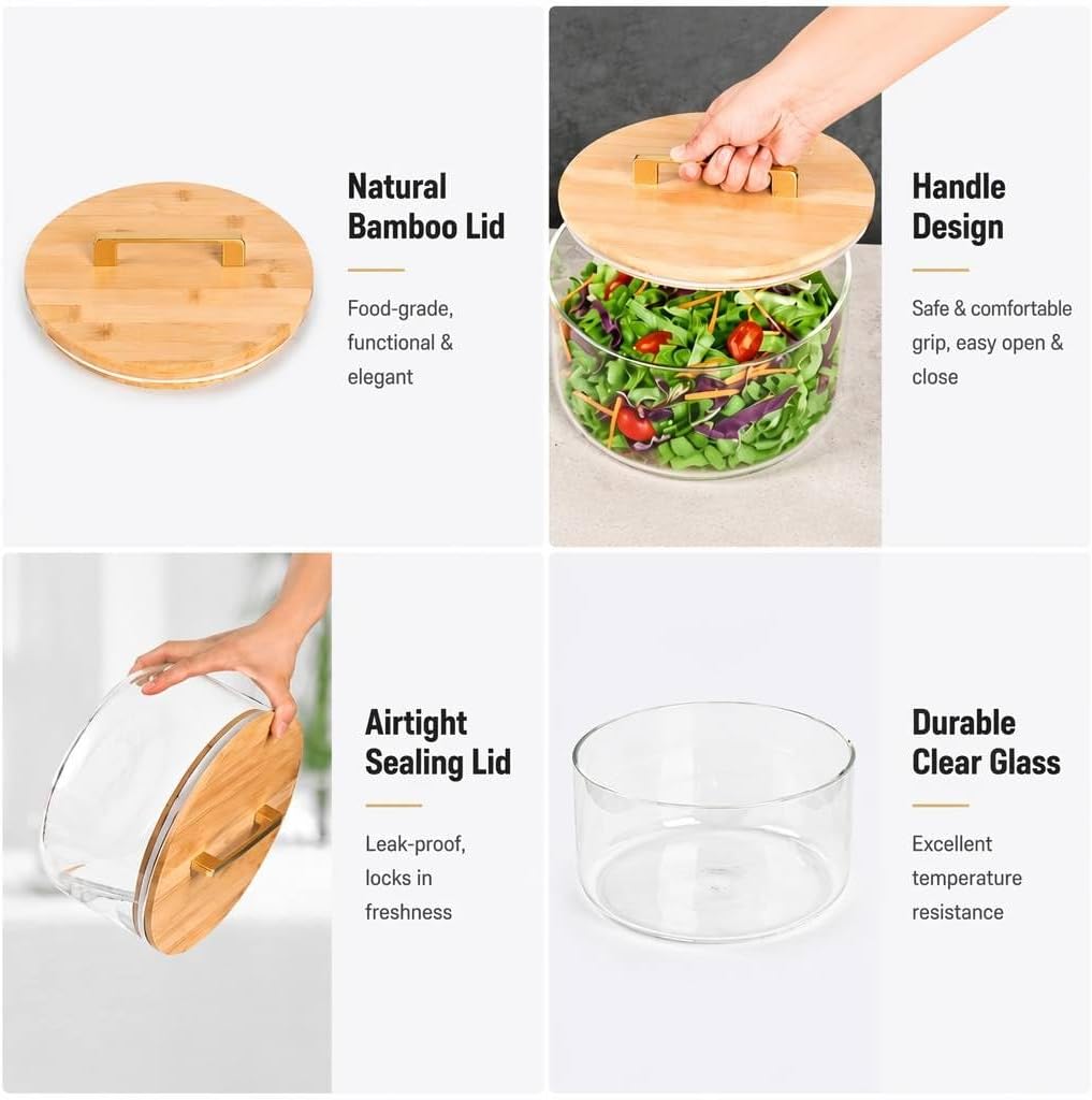 Clear Glass Salad Bowl with Bamboo Lid, 3.3 qt Family Size, 8 Inch
