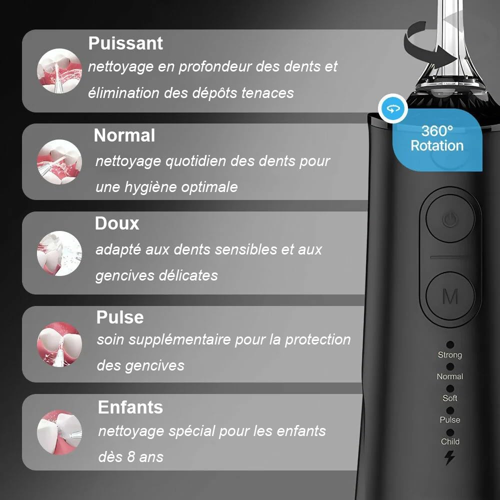 Oryzom-s Hydropulseur sans fil pour un soin dentaire & buccal optimal / 5 modes & 4 embouts/Réservoir de 300 ml/Étanchéité IPX7 / Jet dentaire pour gencives hydropulseur (Blanc)