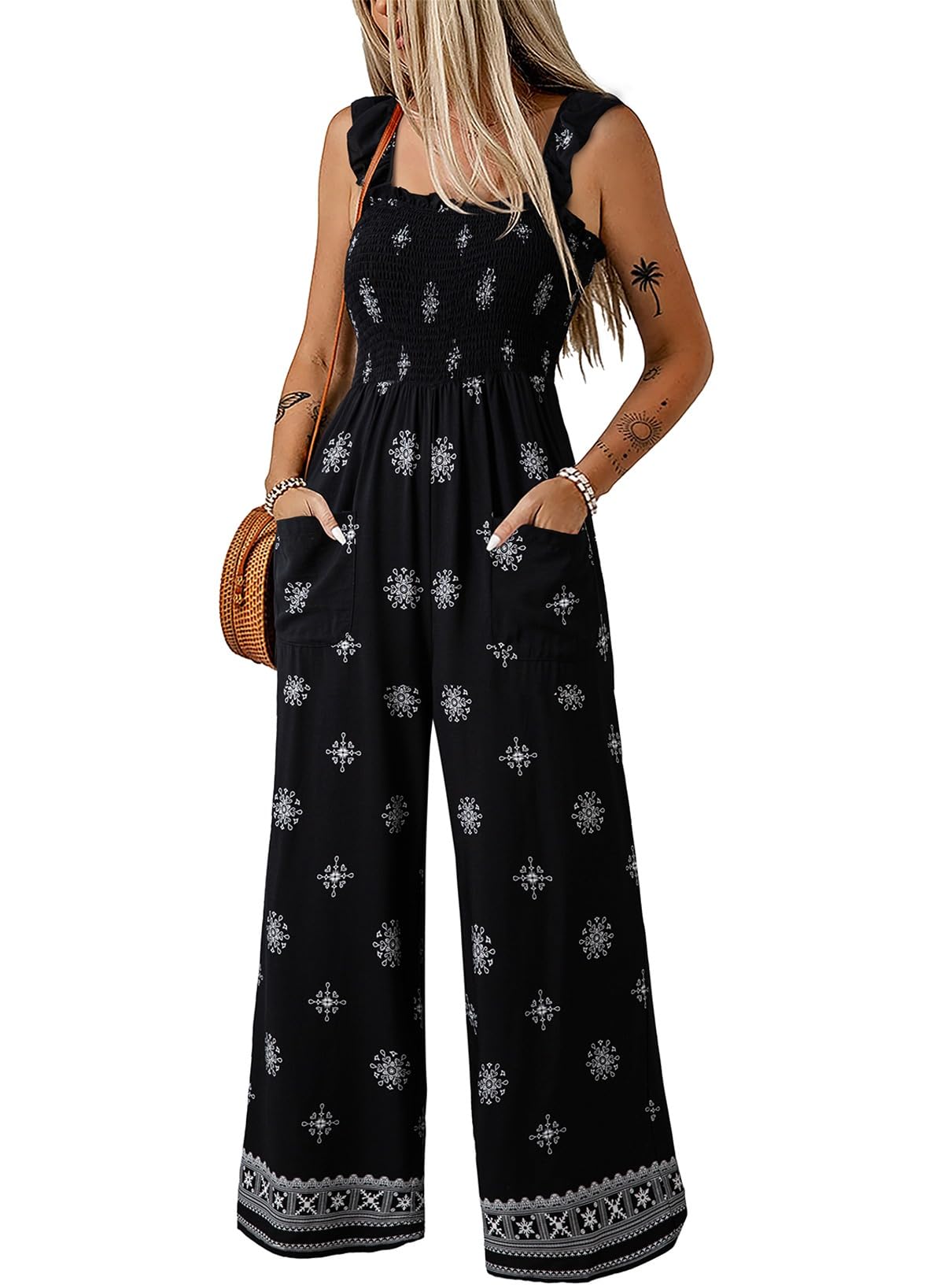 Floral Jumpsuits for Women 2026 Summer Floral Ruffle Sleeves Square Neck Rompers with Pockets-image-30