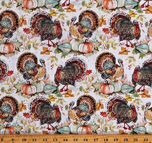 Warm Autumn Charm - Fields Cotton Fabric with Turkeys, Pumpkins, and Fall Leaves, 44 Inches Wide, Perfect for Thanksgiving Projects, Sold by the Yard