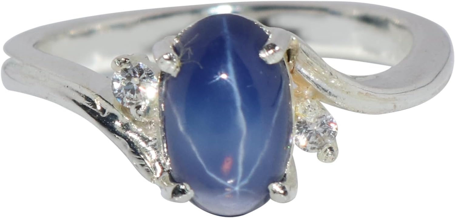 GEMHUB Oval Shape 3.2 Ct Triology Style Natural Blue Star Sapphire 925 Sterling Silver Engagement Ring for Valentines