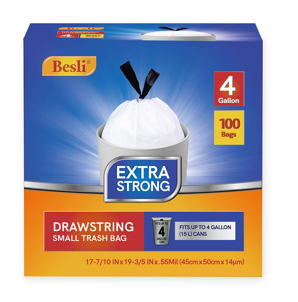 Besli 4 Gallon Drawstring Trash Bag Small Garbage Bag,100 Counts (White, 4 Gallon)