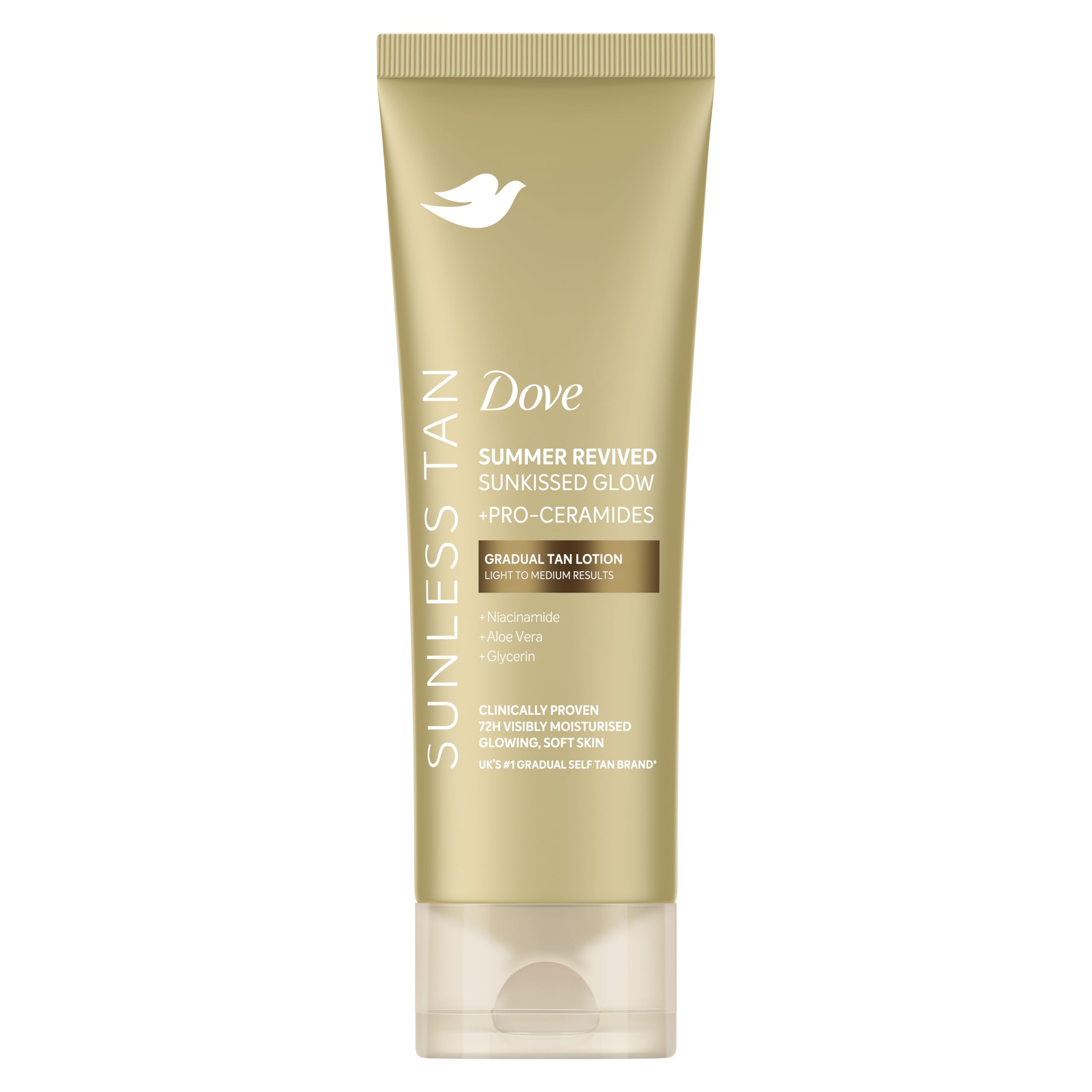Dove Summer Revived Sunkissed Glow Light to Medium Gradual Tan Lotion body lotion with Pro-Ceramides, Niacinamide, Aloe Vera & Glycerin for 72h visibly moisturised, glowing, soft skin 200 ml