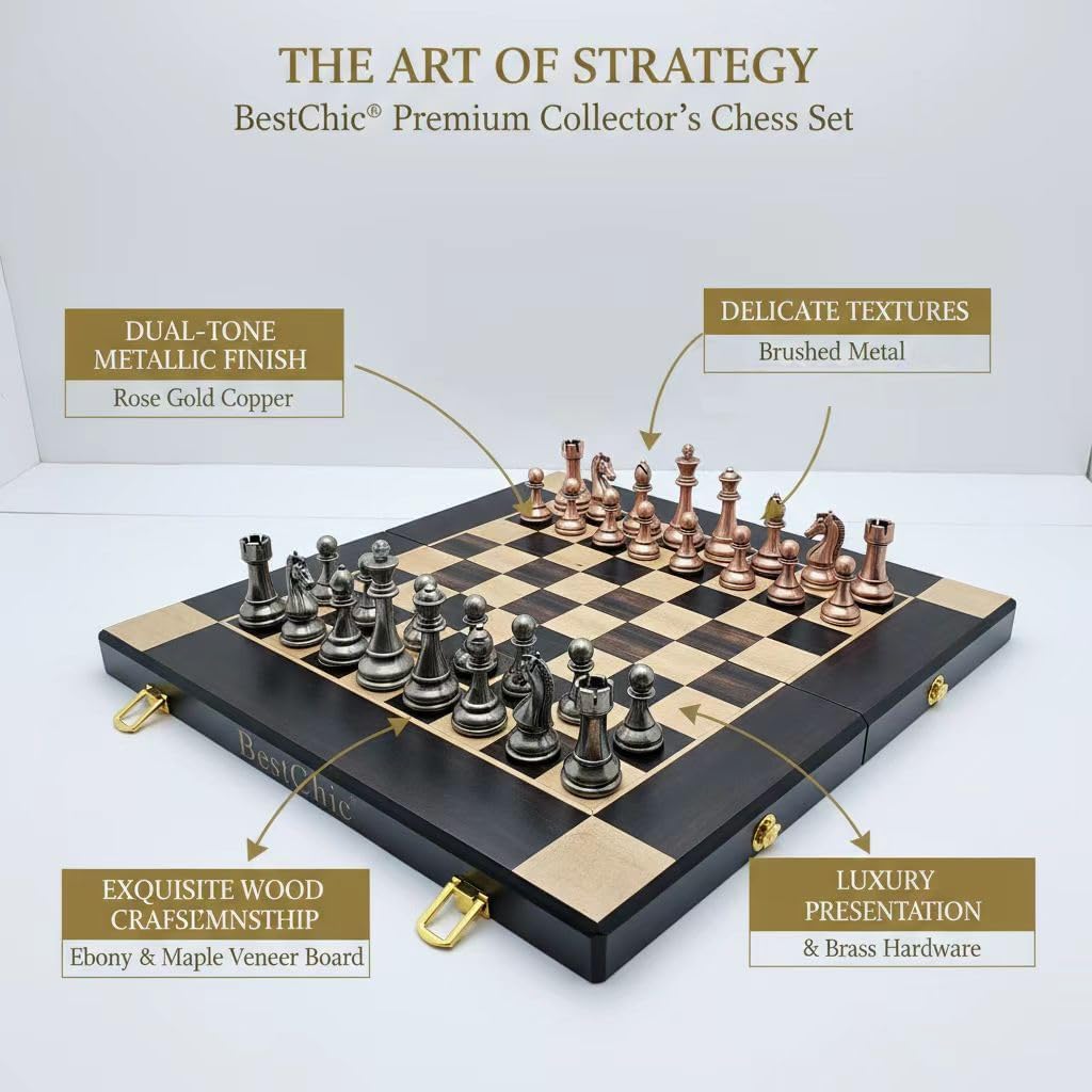 15-Inch Retro Metal Chess Set, Foldable Wooden Chess Board with Weighted Metal Chess Pieces,Ideal for Beginners and Professional Players - Image 2