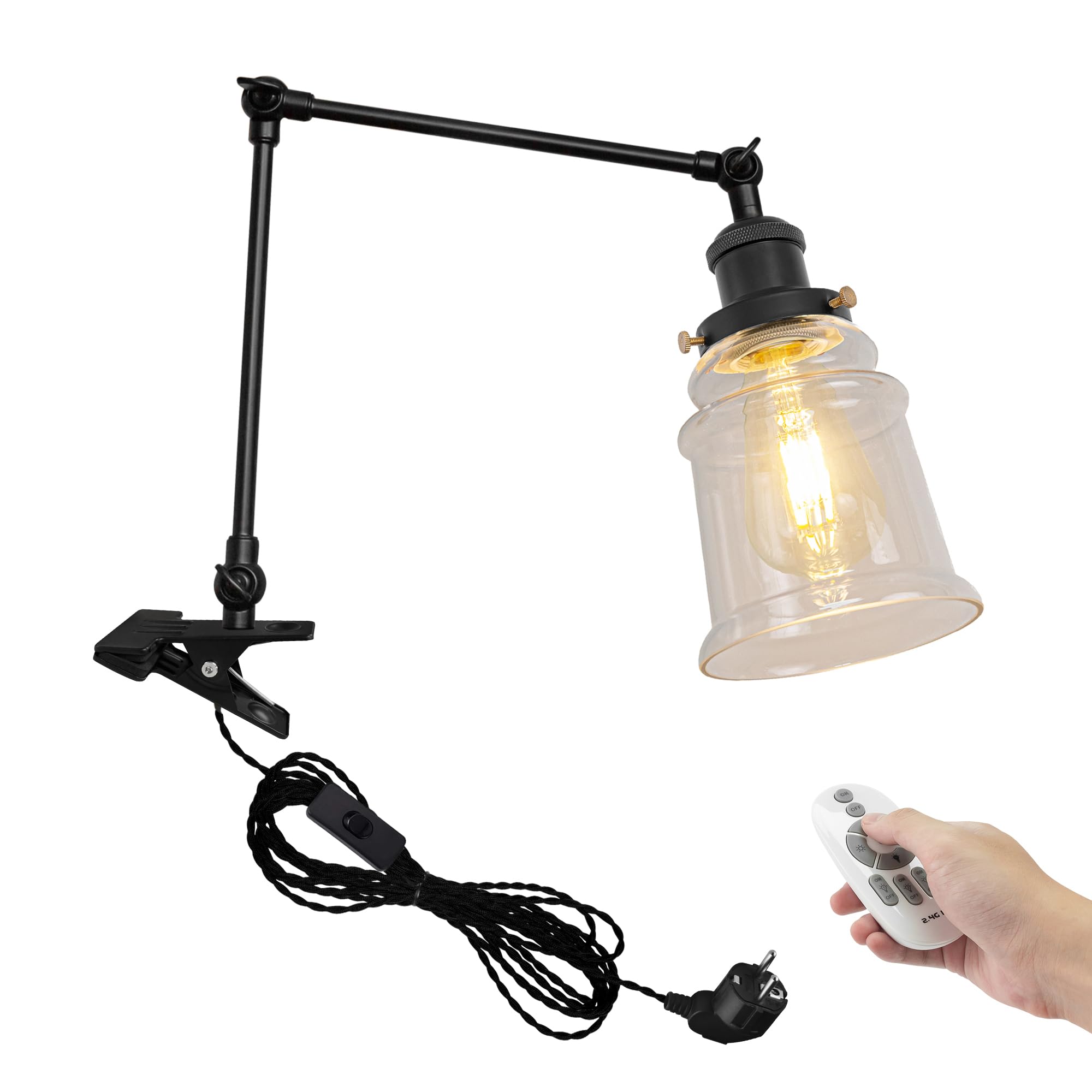 Industrial Klemmleuchte mit Fernsteuerung, Einstellbar Clip auf Schreibtisch Leselampe,Dimmbar Clamp Nachttischlampe mit Flexarm für Schreibtisch Nachttisch Regal- TD/0213B