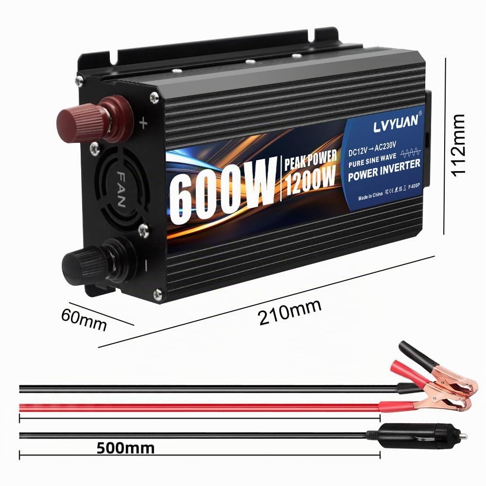 LVYUAN 600W/1200W inversor 12V a 230V convertidor de Voltaje Onda sinusoidal Pura inversor convertidor Adaptador de Cigarrillos para Coche con 2 Puertos USB y Enchufe EU | Convertidor de voltaje de cigarrillo automático adaptador con 2 puertos USB y enchu