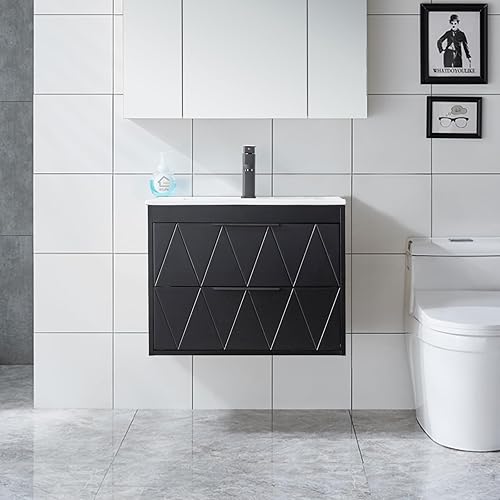 eclife Armario de tocador de baño de 24 pulgadas con combo de fregadero, gabinete flotante montado en la pared con línea decorativa, sistema de