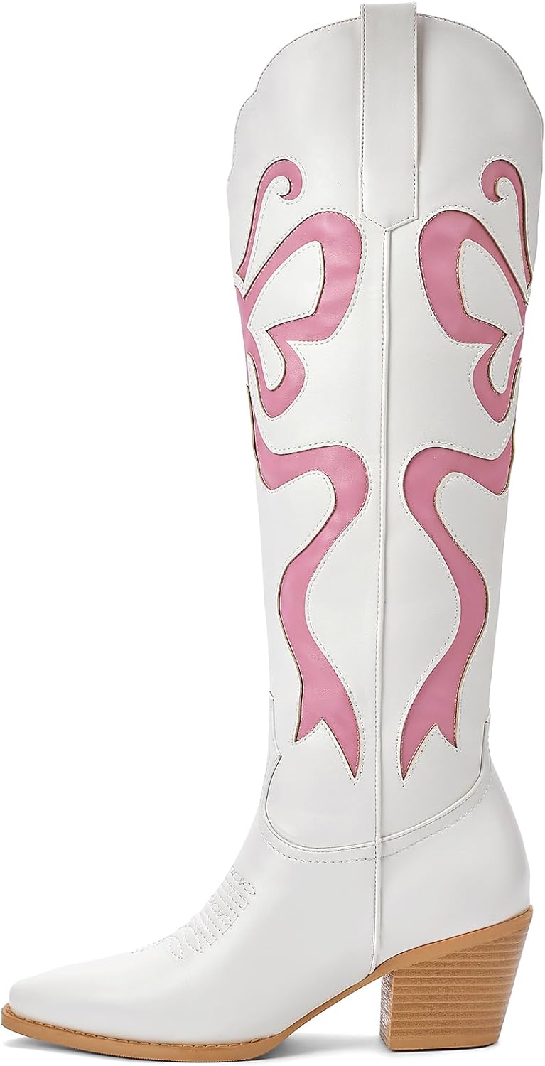 Cowgirl Boots - Womens Cowboy Boots with Colorful Bows Embroidered Western White Knee-High Boots Pull On Pointed Toe Chunky Heel Fashion Ladies Tall Boots