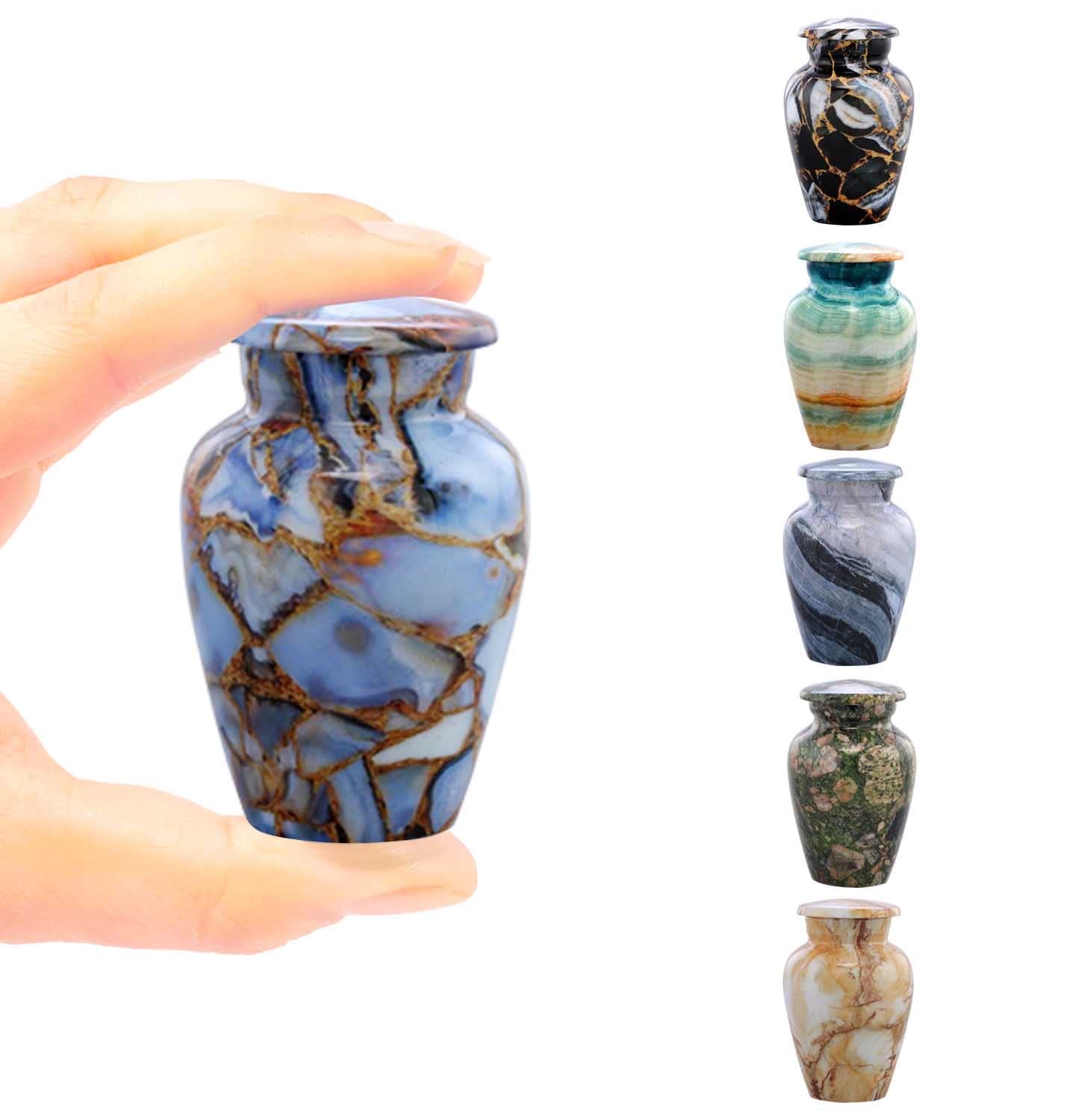 Andenkenurne | Marmor-Finish Andenken Urne für Asche | Metall-Teilurne für Mensch oder Haustiere Asche | Mini-Gedenkurne mit Samtbeutel (Luxury Blue)