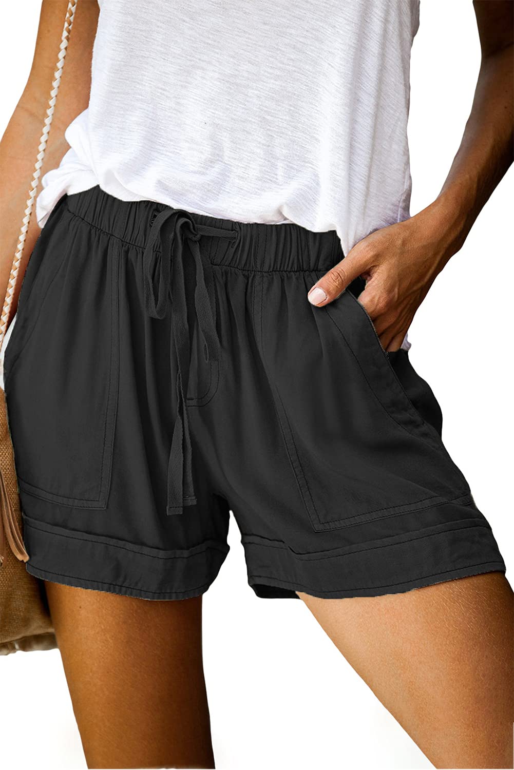 Mosucoirl Women Comfy Drawstring Casual Elastic Waist Pure Color Shorts Summer Beach Lightweight Short Pants with Pockets(A Black,Medium)