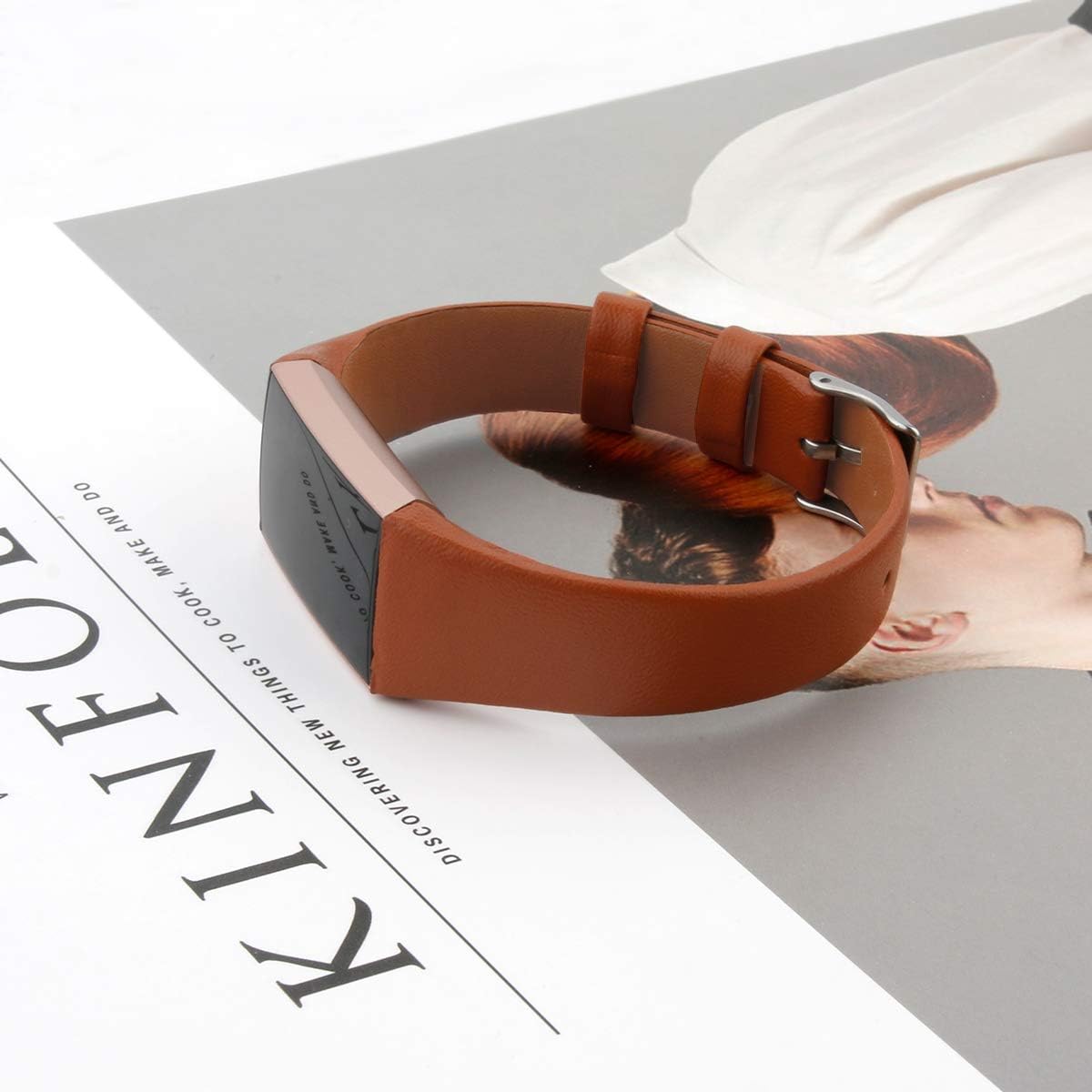 Mtozon Leather Bands Compatible with Fitbit Charge 3/Charge 4, Replacement Accessories Slim Wristband Straps for Women Men, Black + Brown Small