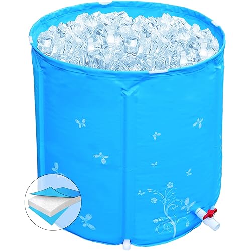 Portable Plastic Bathtub,28"×28" Freestanding Soaking Tub Non-Inflatable Ice Bath Tub, Folding Spa BathTub for Adults,Thickened Thermal Foam to Keep Temperature (Bule Bathtub)