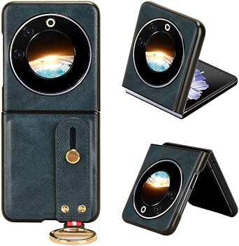 Generic Compatible with Tecno Phantom V Flip 5G AD11 Cover,2 in 1 PU Leather + Shell Wrist Strap Camera Protection Shockproof Phone Case Blue