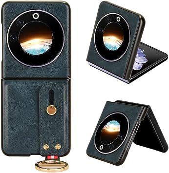 Compatible with Tecno Phantom V Flip 5G AD11 Case Cover, PU Leather + Shell  2 in 1 Wrist Strap Kickstand Blue