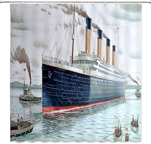 Miniatura 1 de Cortina de ducha de decoración náutica, retro, clásica, barco Titanic, paisaje, acuarela, arte de baño, cortinas de tela de poliéster con gancho,
