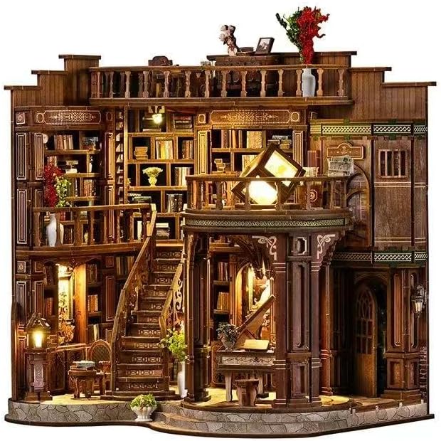 Assembled Roroom Dreamy Book Hall miniature dollhouse kit with intricate details and warm lighting.