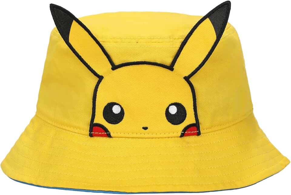 Bioworld 精靈寶可夢皮卡丘大臉男女通用成人水桶帽帶 3D 毛絨黃色