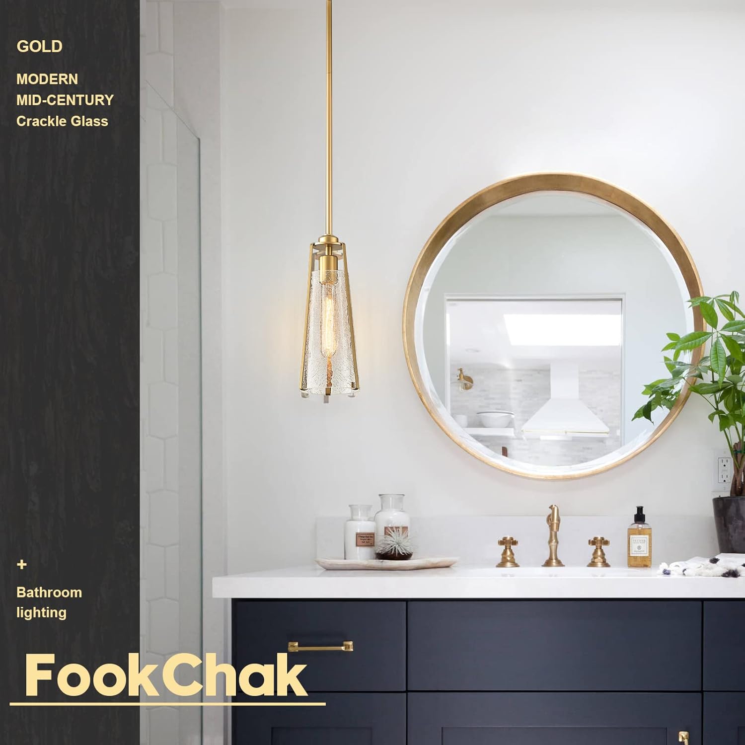 Brass Pendant Rod Light Over Sink, Modern Crackle Glass Kitchen Island Lighting, 1-Light Gold Dining Room Light Fixture Over Table, 5inch