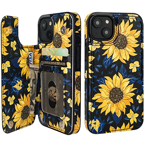 Image of HAOPINSH for iPhone 13 Case Wallet with Card Holder, Blooming Sunflowers Pattern Back Flip Folio PU Leather Kickstand Card Slots Case for Women Girls, Double Magnetic Clasp Shockproof Cover 6.1 inch