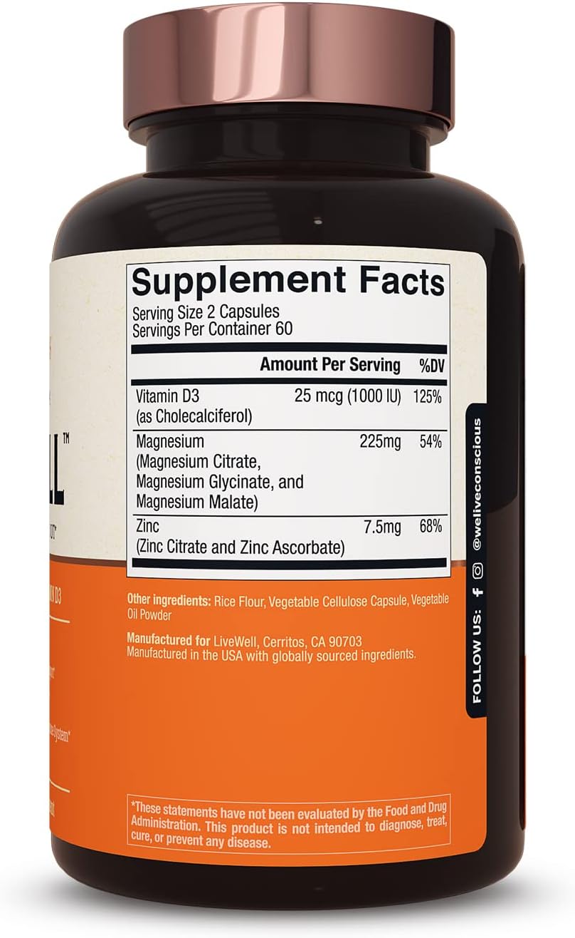 Live Conscious Magwell Magnesium Zinc & Vitamin D3 - Magnesium Glycinate, Malate, & Citrate - Triple Supplement for Women & Men - for Sleep, Bone, Heart, Immune Support - 120 Caps - Image 9