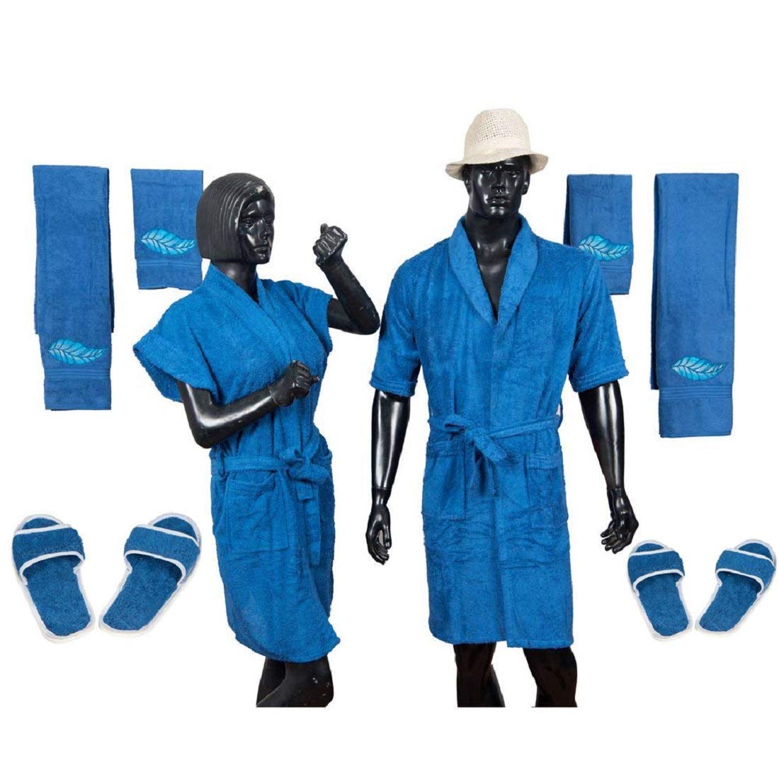 Kuber Industries Leaf Design Cotton 8 Pieces Half Sleeve Bathrobe Set for Men and Women (Blue)-CTKTC014481