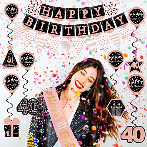 40Th Birthday Decorations For Women - (76Pack) Rose Gold Party Banner, Pennant, Hanging Swirl, Birthday Balloons, Foil Backdrops, Cupcake Topper, Plates, Photo Props, Birthday Sash For Gifts Women #TOP5